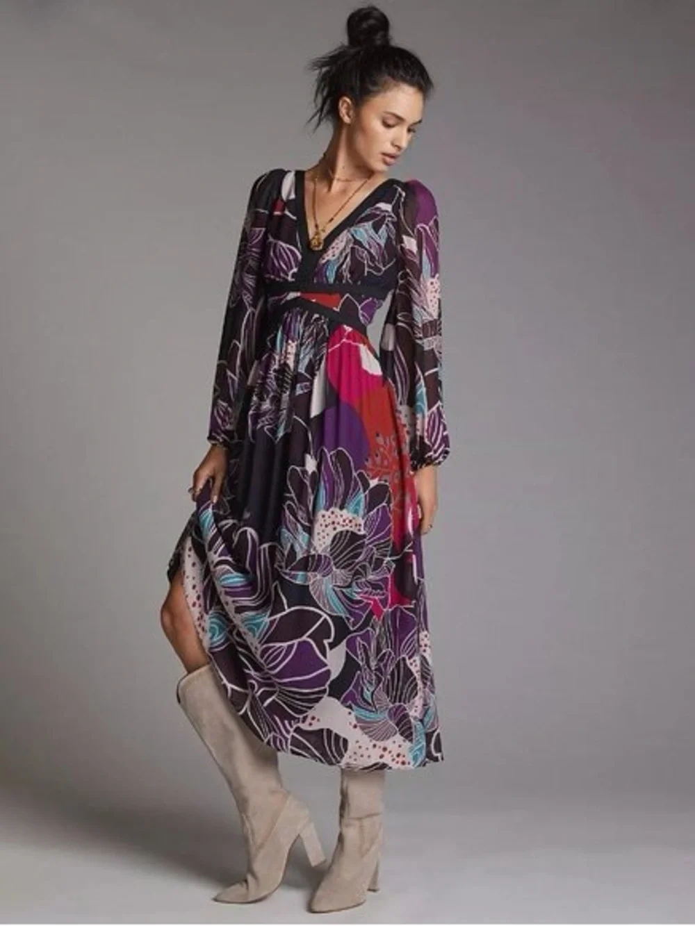 Anthropologie Let Me Be Floral Midi Dress in Black Size L - Picture 3 of 13